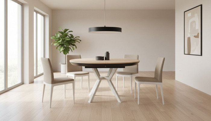 Moderne keukentafel eetkamertafel Uitschuifbare ronde houten beige tafel.