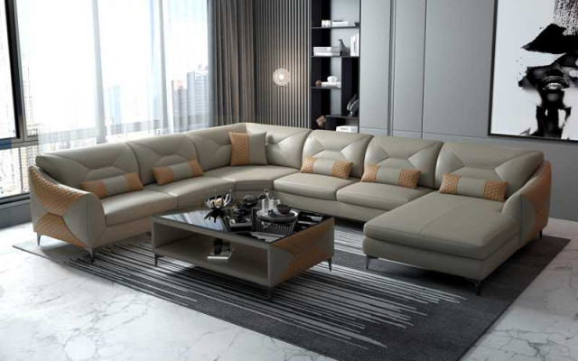 Grote woonlandschap bank U-vorm hoekbank zwart kunstlederen sofa