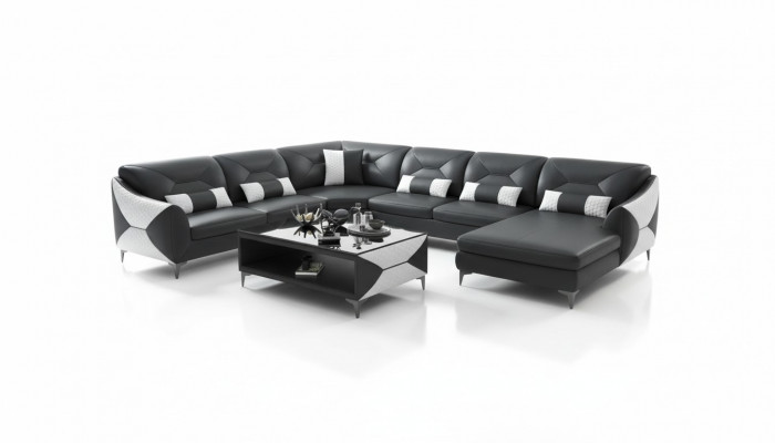 Grote woonlandschap bank U-vorm hoekbank zwart kunstlederen sofa
