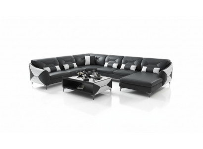 Grote woonlandschap bank U-vorm hoekbank zwart kunstlederen sofa