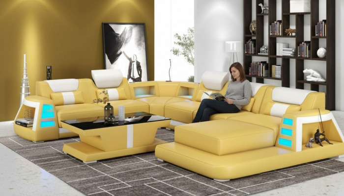Bank Hedendaags Hoekbank U-vorm Geel Woonlandschap Leren Bank Sofa
