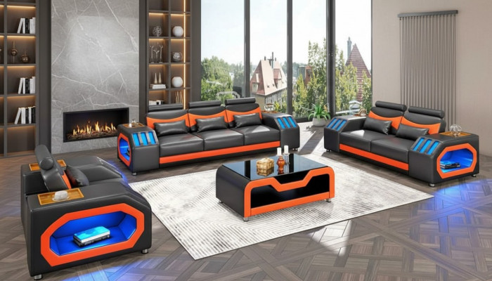 Bankstel Tweezits leren bank Sessel Driepersoons 3-delige Zwarte Set