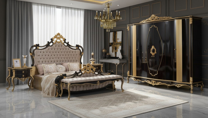 Chesterfield Luxe Slaapkamer Set Bed Tweepersoonsbed 5-delig Zwart
