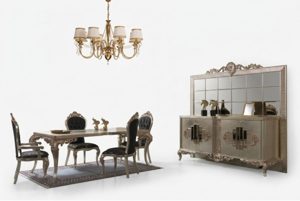 Luxe eetkamerset, dressoir, eettafel, stoelen, hout, 10-delig, beige.