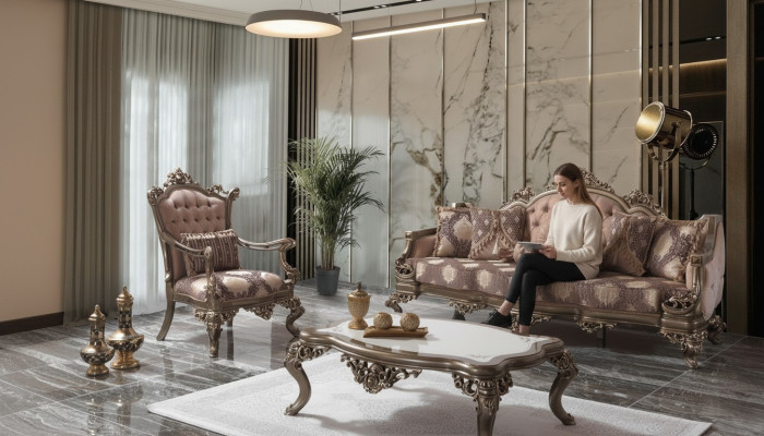 Zetel Chesterfield set zitbank van stof in beige, sofa met bekleding.