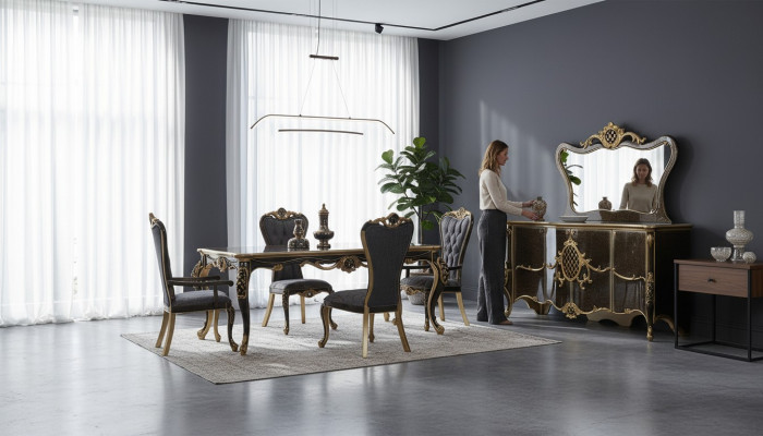 Eetkamer Luxe eetgroep dressoir eettafel stoelen hout 10-delig bruin