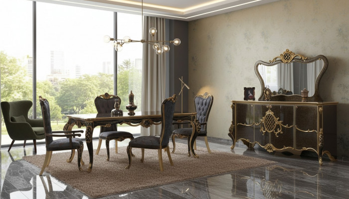 Eetkamer Luxe eetgroep dressoir eettafel stoelen hout 10-delig bruin