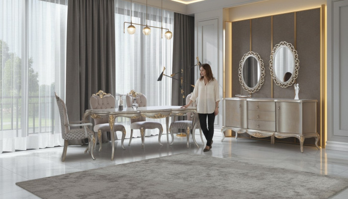 Complete eetkamer set Tafel Sideboard Eetkamer Eettafel Hout Set 12-dlg Beige