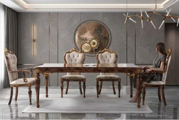 Klassieke eetkamerset Eethoek Eetkamer Eettafel Hout Set 7-delig Bruin tafel