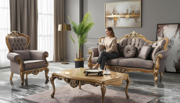 Chesterfield bankstel driezits fauteuil stof salontafel grijs bank  Chesterfield bankstel driezits fauteuil stof salontafel grijze bank