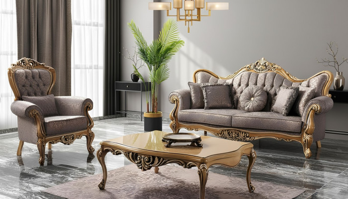 Chesterfield bankstel driezits fauteuil stof salontafel grijs bank  Chesterfield bankstel driezits fauteuil stof salontafel grijze bank