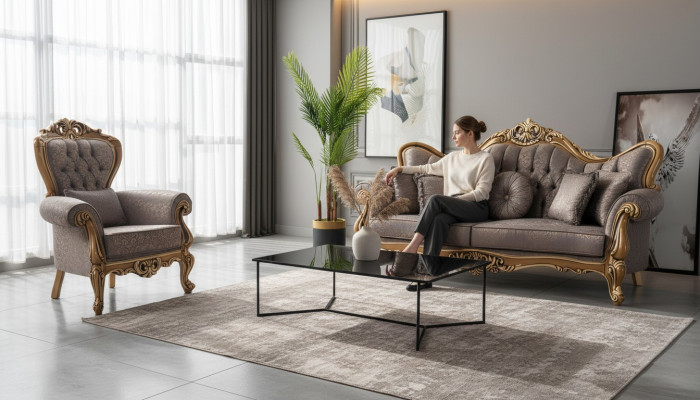 Poefs Bank Chesterfield Set Bankstel Stoffen Bank Grijs Nieuw
