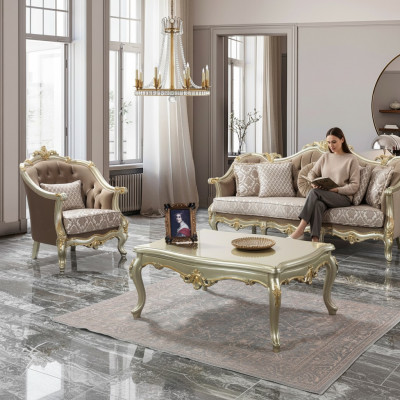 Bankstel Drieseater Fauteuil Bankstel Beige Gestoffeerd Bankstel