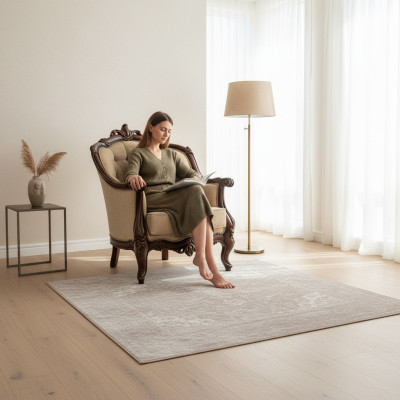 Fauteuil Oorfauteuil Zits Stof Beige Polyester Hout Woonkamer Barok