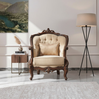 Fauteuil Oorfauteuil Zits Stof Beige Polyester Hout Woonkamer Barok