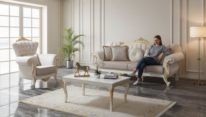 Luxe bankstel Compleet bankstel Beige gestoffeerde bank Stoffen bank