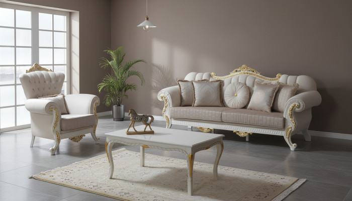 Luxe bankstel Compleet bankstel Beige gestoffeerde bank Stoffen bank