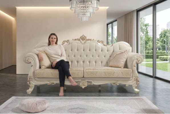 Dries-zitsbank 3-zits stoffen bank gestoffeerde bank Beige stof Chesterfield.