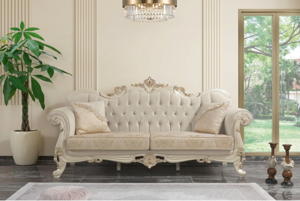 Dries-zitsbank 3-zits stoffen bank gestoffeerde bank Beige stof Chesterfield.