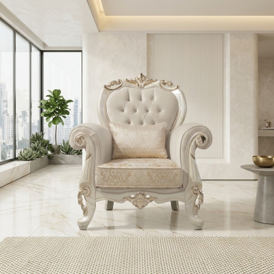 Eenzits fauteuil oorfauteuil stoel stof beige polyester hout barok.