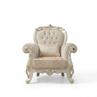 Eenzits fauteuil oorfauteuil stoel stof beige polyester hout barok.