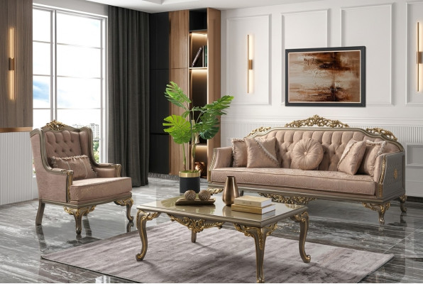 Luxe complete bankstel bankstel stoffen bankstel beige gestoffeerde bank.