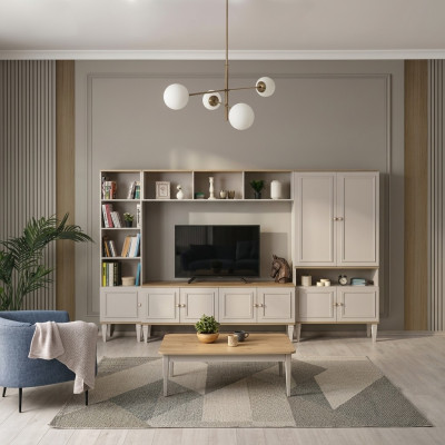 Wandmeubel woonkamer muur TV-standaard hout RTV Lowboard Grijs Shelving Set
