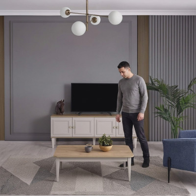 Set woonkamer tv-standaard salontafel hout grijs RTV lowboard set