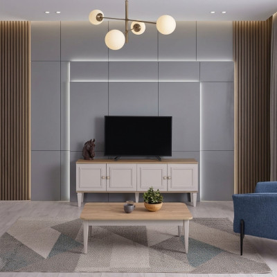 Set woonkamer tv-standaard salontafel hout grijs RTV lowboard set