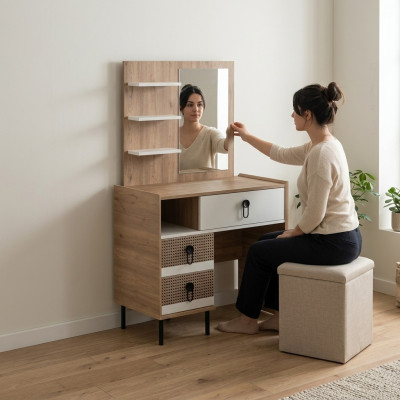 Kaptafelset met spiegel houten slaapkamer bruine console-set