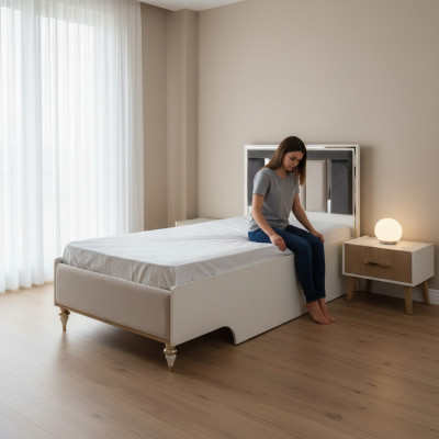 Luxe kinderbed bedframe bed kinderkamer bedframes beige stof.
