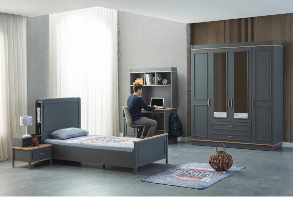 Garnituur kinderkamer bed kinderbed kindermeubelen grijs hout set 4-delig