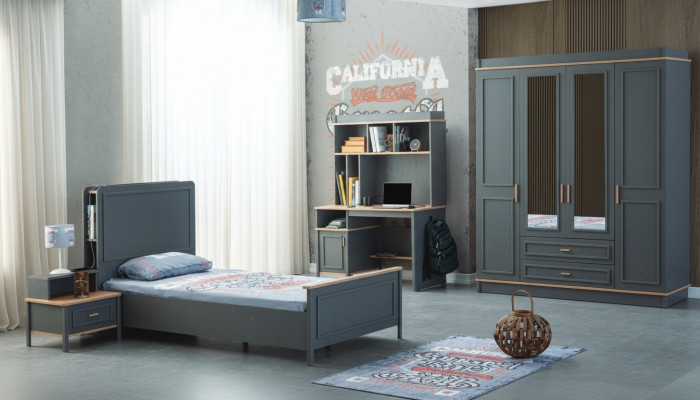 Garnituur kinderkamer bed kinderbed kindermeubelen grijs hout set 4-delig