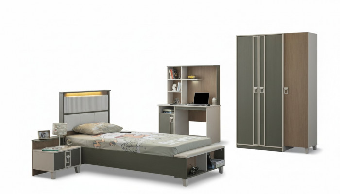 Kindermeubelset kinderkamer Bed kinderbed grijs hout set 4-delig.