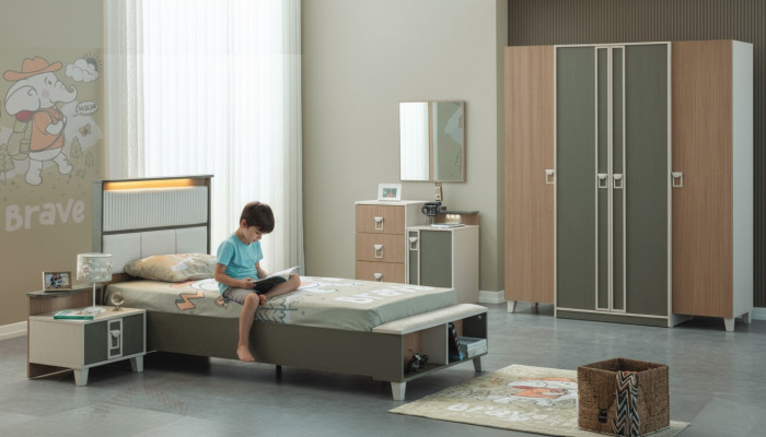 Moderne Complete kindermeubels kinderbed Grijs hout Set 5-delig Nachtkastje