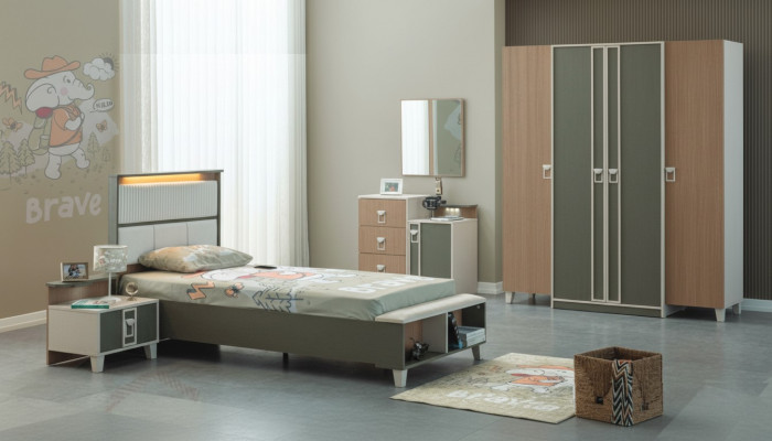 Moderne Complete kindermeubels kinderbed Grijs hout Set 5-delig Nachtkastje