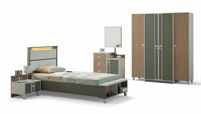 Moderne Complete kindermeubels kinderbed Grijs hout Set 5-delig Nachtkastje