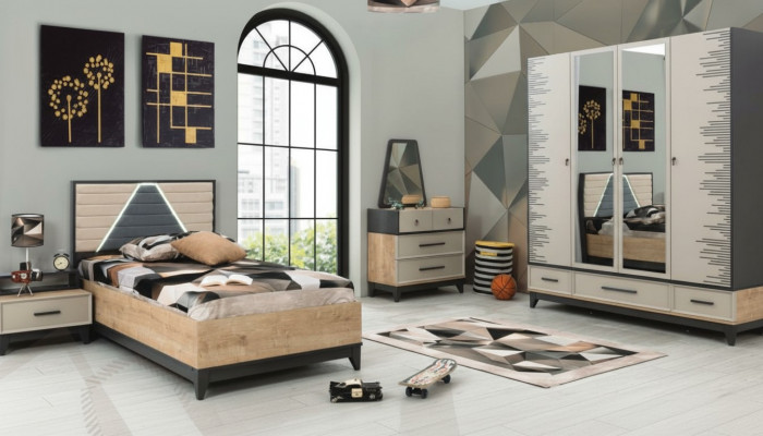Garnituur kinderkamer bed kinderbed bruin hout sets jeugdbed 5-delig.