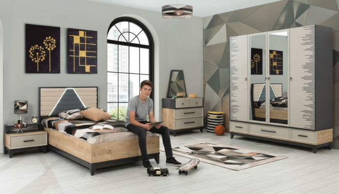 Garnituur kinderkamer bed kast bruin hout set jeugdbed 5-delig meubilair