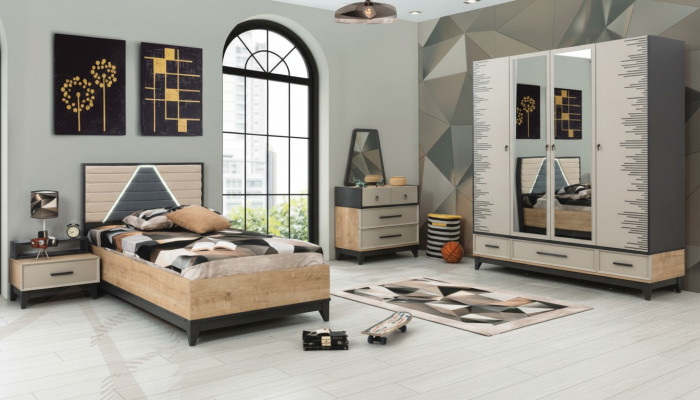Garnituur kinderkamer bed kast bruin hout set jeugdbed 5-delig meubilair