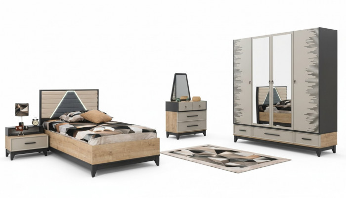 Garnituur kinderkamer bed kast bruin hout set jeugdbed 5-delig meubilair