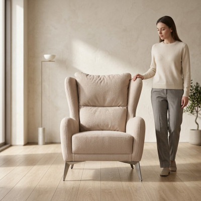 Luxe fauteuil eenzitter 1-zits stoffen fauteuil beige woonkamer modern
