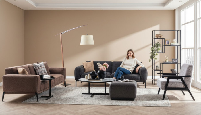 Bankstel met driezitter, fauteuil, bankstel van stof, 4-delig, stoffen bankstel in meerkleurig 3+3+1+1.