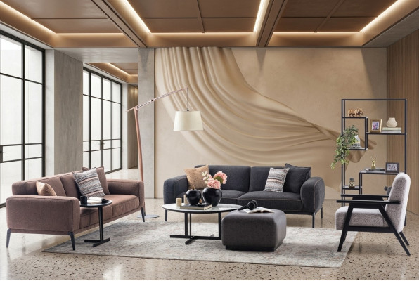 Bankstel met driezitter, fauteuil, bankstel van stof, 4-delig, stoffen bankstel in meerkleurig 3+3+1+1.