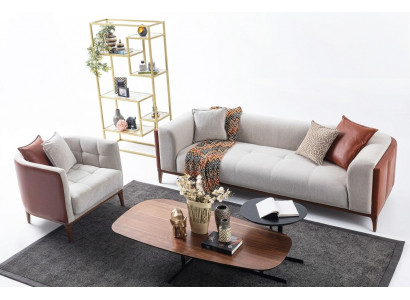Moderne set met driezitter, fauteuil en bank van grijs stoffen bekleding, bankstelset van 3+1 zitplaatsen.