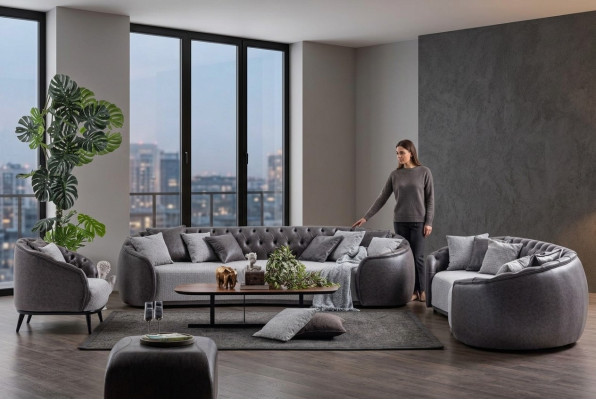 Luxe villa meubels Grijze Chesterfield bankstel Stoffen banken Textiel 4+3+1