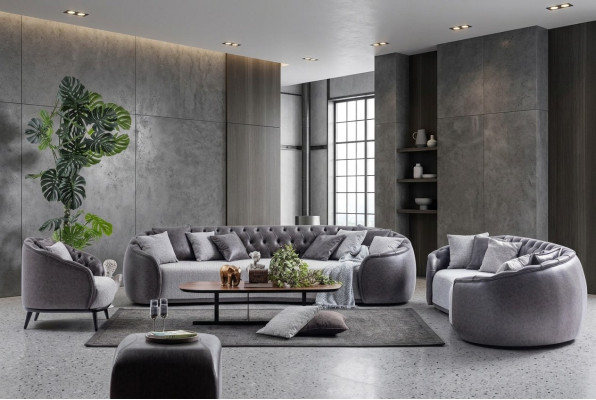 Luxe villa meubels Grijze Chesterfield bankstel Stoffen banken Textiel 4+3+1