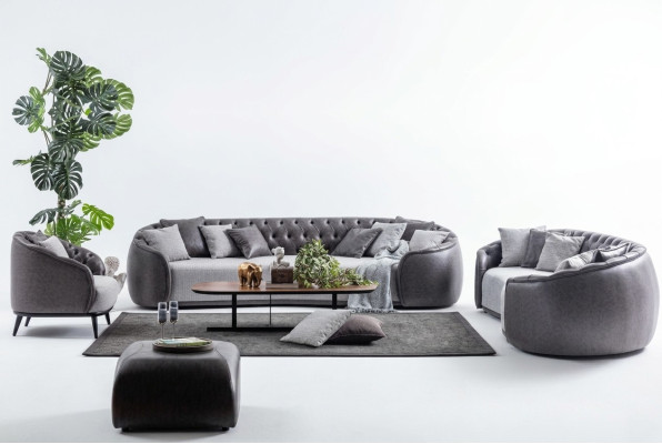 Luxe villa meubels Grijze Chesterfield bankstel Stoffen banken Textiel 4+3+1
