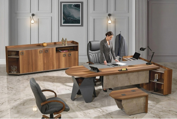 Volledige kantoor bureau bureau set 4-delig hout bruine commode groot