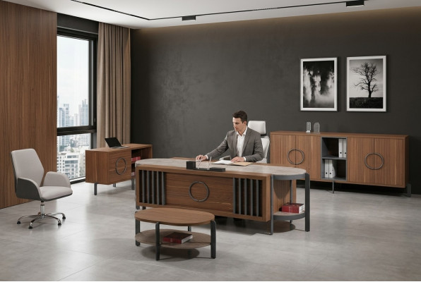 Bureau tafel groep kantoor bureau set 4-delig hout bruin commode groot